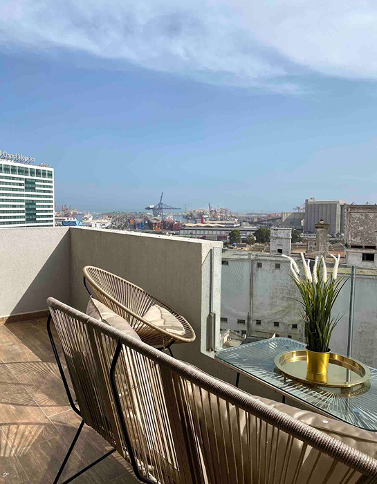 Modern balcony with city view